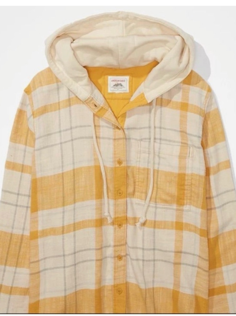 🍂AMERICAN EAGLE Yellow Plaid Hooded Button-Up Flannel - XXL - Picture 6 of 6